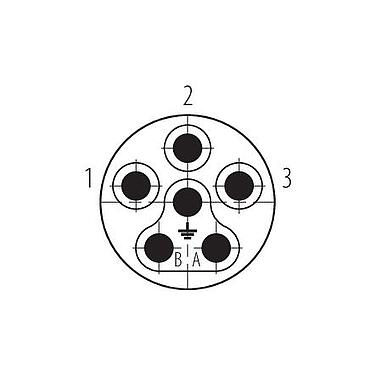 Disposition des contacts (Côté plug-in) 99 6155 000 06 - Baïonnette Connecteur mâle, Contacts: 6 (3+PE+2), 7,0-14,0 mm, blindable, pince à visser, IP67 enfiché et verrouillé, UL 2237