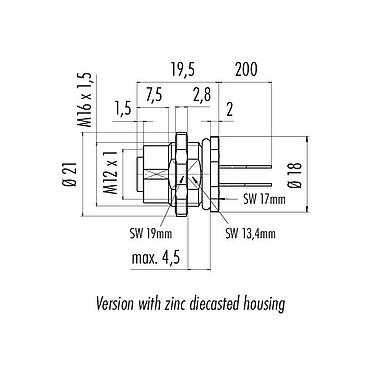 Scale drawing M12 Female panel mount connector, Contacts: 5, unshielded, single wires, IP68/IP69K, UL 2238, M16x1.5, Rear mounting