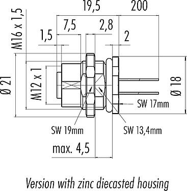 Scale drawing M12 Female panel mount connector, Contacts: 4, unshielded, single wires, IP68/IP69K, UL 2238, M16x1.5, Rear mounting