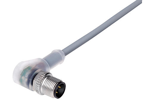 Illustration 77 3627 0000 20004-0500 - M12 Male angled connector, Contacts: 4, unshielded, moulded on the cable, IP69K, UL, PVC, grey, 4 x 0.34 mm², with LED PNP, 5 m