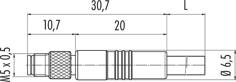 Scale drawing M5 Male cable connector, Contacts: 4, unshielded, moulded on the cable, IP67, UL 2238, M5x0.5, PUR, black, 4 x 0.25 mm², 2 m