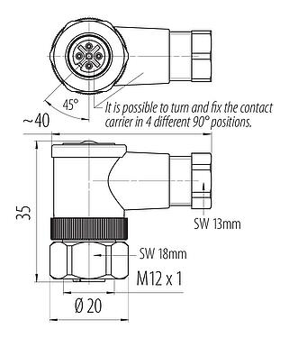 Scale drawing M12 Female angled connector, Contacts: 4, 4.0-6.0 mm, unshielded, screw clamp, IP67, UL 2238