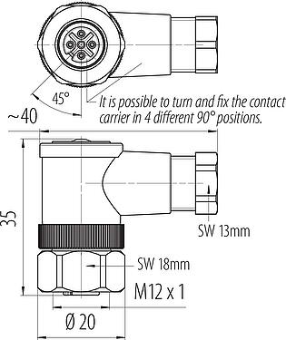Skalritning M12 Vinkeluttag, antal poler: 4, 4,0-6,0 mm, oskärmad, skruvkläm, IP67, UL 2238