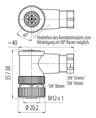 Maßzeichnung M12 Winkeldose, Polzahl: 5, 4,0-6,0 mm, ungeschirmt, schraubklemm, IP67, UL 2238
