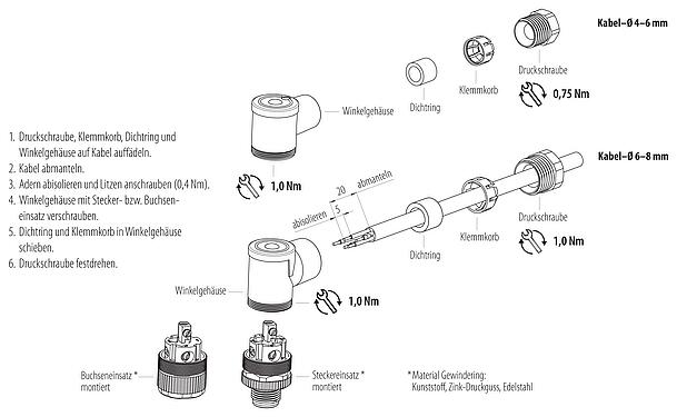 Montageanleitung M12 Winkeldose, Polzahl: 4, 6,0-8,0 mm, ungeschirmt, schraubklemm, IP67, UL 2238