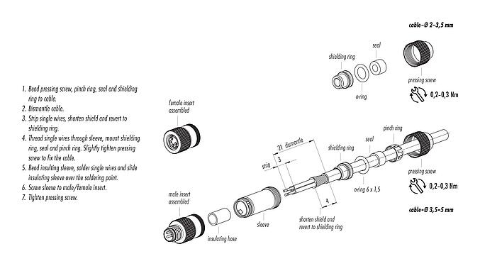 Montagehandleiding M8 Kabelstekker, aantal polen: 4, 2,0-3,5 mm, schermbaar, soldeer, IP67