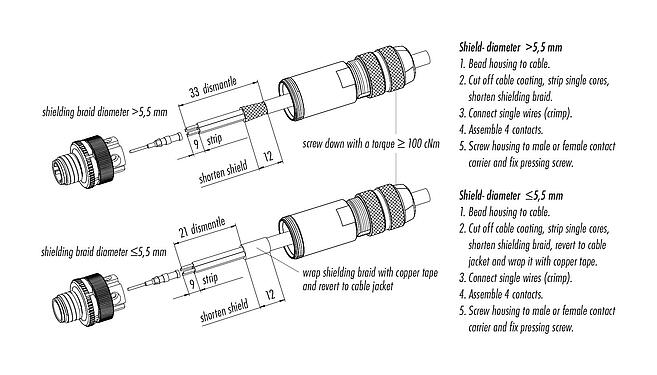 Montagehandleiding 99 3721 810 04 - M12 Kabelstekker, aantal polen: 4, 5,0-8,0 mm, schermbaar, krimpen (krimpcontacten dienen afzonderlijk te worden besteld), IP67