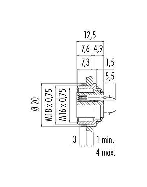 縮尺図 M16 メスパネルマウントコネクタ, 極数: 3 (03-a), 非シールド, はんだ, IP40, M18x0,75, 背面パネルマウント