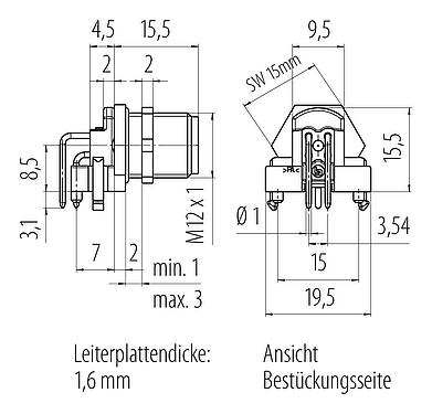 Maßzeichnung M12 Flanschstecker, Polzahl: 4, ungeschirmt, THR, IP67, UL 2238, M12x1,0, Rückwandmontage, zweiteilige Ausführung