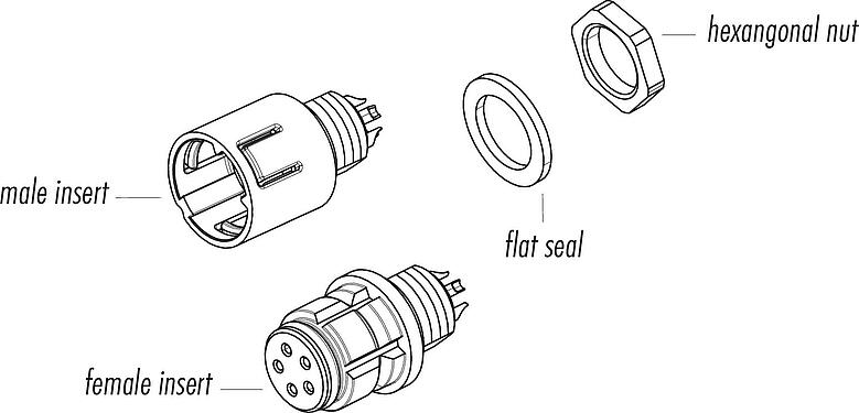 Component part drawing Snap-In Male panel mount connector, Contacts: 3, unshielded, THT, IP67, M8x0,75, Front mounting