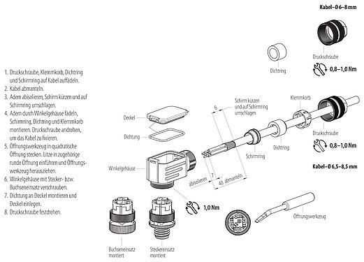 Montageanleitung M12 Winkelstecker, Polzahl: 5, 6,0-8,0 mm, schirmbar, Käfigzugfeder, IP67, mit Schirmring