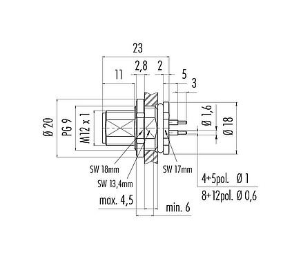 Scale drawing 86 0533 1000 00005 - M12 Male panel mount connector, Contacts: 5, unshielded, THT, IP68, UL 2238, PG 9, rear mounting