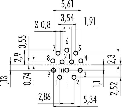 Bố trí dây dẫn M12 Phích cắm gắn bảng, Số lượng cực : 12, không có chống nhiễu, THT, IP68, UL 2238, PG 9, Chốt trung tâm, túp lều