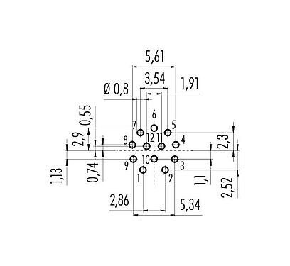 Conductor layout 86 1031 1100 00012 - M12 Male panel mount connector, Contacts: 12, unshielded, THT, IP68, UL, M12x1.0, front fastened