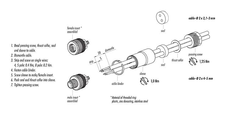 Montážní návod M12 Duo kabelová zástrčka, : 4, 2.1-3.0 mm (2 Kabel) nebo 4-5 mm (2 Kabel), nestíněný, šroubovací svorka, IP67, UL 2238