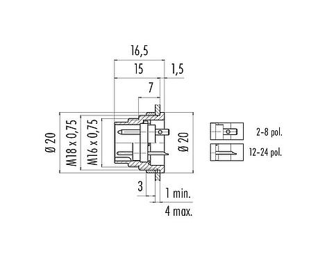 縮尺図 M16 オスパネルマウントコネクタ, 極数: 14 (14-b), 非シールド, はんだ, IP40, M18x0,75, 背面パネルマウント