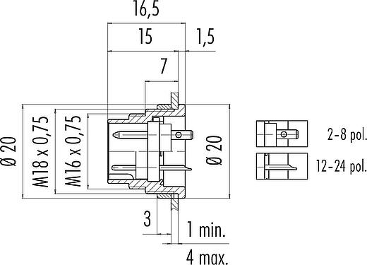 縮尺図 M16 オスパネルマウントコネクタ, 極数: 3 (03-a), 非シールド, はんだ, IP40, M18x0,75, 背面パネルマウント