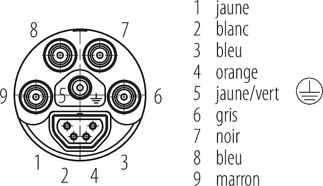 Disposition des contacts (Côté plug-in) B23 Connecteur mâle, Contacts: 9 (4+PE + 4), 8.0-17.0 mm, pince à visser, IP67, ENP : Broche d'alimentation / Prise de données