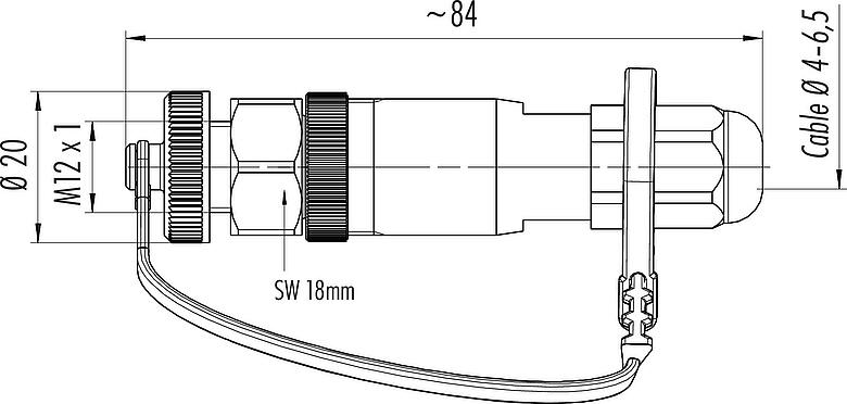 Skalritning M12 Kabeluttag, antal poler: 4, 4,0-6,5 mm, oskärmad, skruvkläm, IP68/IP69K, för utanför, UV-Beständig