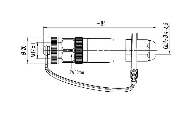 Schaaltekening M12 Kabeldoos, aantal polen: 4, 4,0-6,5 mm, onafgeschermd, schroefklem, IP68/IP69K, voor buitenapplicaties, UV-Beständig