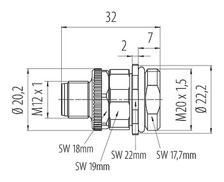 Scale drawing M12 Male panel mount connector, Contacts: 4, unshielded, screw clamp, IP68, UL 2238, VDE, M20x1.5, Front mounting