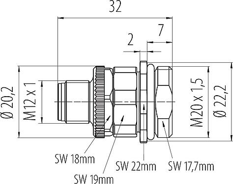 Schaaltekening M12 Male panel mount connector, aantal polen: 4, onafgeschermd, schroefklem, IP68, UL 2238, VDE, M20x1,5, Frontaansluiting