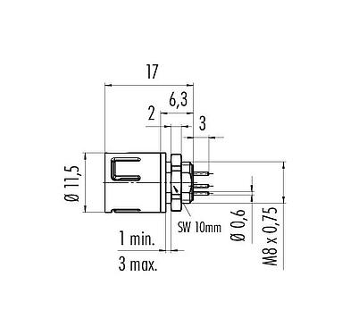 Schaaltekening Snap-In Male panel mount connector, aantal polen: 5, onafgeschermd, THT, IP67, UL 2238, M8x0,75, Frontaansluiting