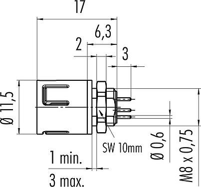 Scale drawing Snap-In Male panel mount connector, Contacts: 3, unshielded, THT, IP67, M8x0,75, Front mounting