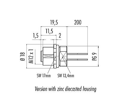 Scale drawing 76 0136 0011 00404-0200 - M12 Female panel mount connector, Contacts: 4, unshielded, single wires, IP67, UL, PG 9