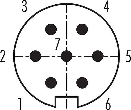 Contact arrangement (Plug-in side) M16 Male angled connector, Contacts: 7 (07-a), 4.0-6.0 mm, unshielded, solder, IP40