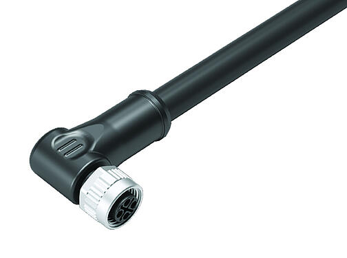 Illustratie M12 Female haakse connector, aantal polen: 3+PE, onafgeschermd, aan de kabel aangegoten, IP68, UL, PUR, zwart, 4 x 1,50 mm², 2 m