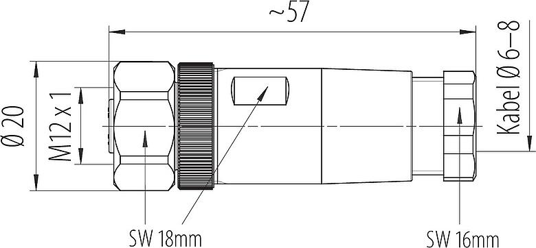 Maßzeichnung M12 Kabeldose, Polzahl: 4, 6,0-8,0 mm, ungeschirmt, schraubklemm, IP67, Edelstahl