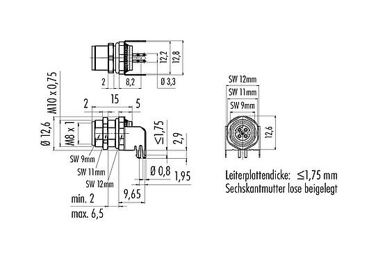 Maßzeichnung M8 Flanschdose, gewinkelt, Polzahl: 4, schirmbar, THT, IP67, Rückwandmontage