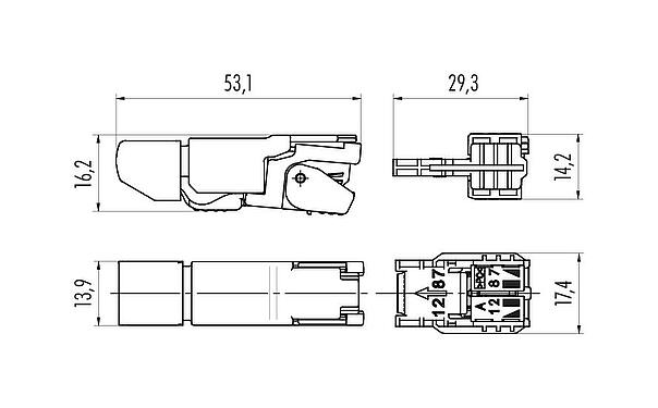 Maßzeichnung RJ45 Stecker, Polzahl: 8, 5,0-9,0 mm, schirmbar, Durchdringtechnik, IP20