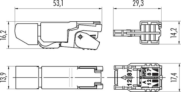 縮尺図 RJ45 オス コネクタ, 極数: 4, 5.0-9.0mm, シールド可能, 圧接式, IP20