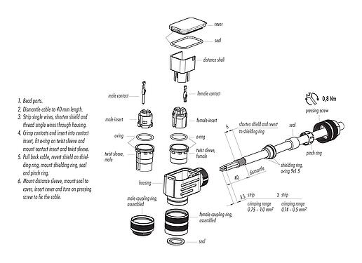 Assembly instructions 99 5125 750 07 - M16 Male angled connector, Contacts: 7 (07-a), 4.0-6.0 mm, shieldable, crimping (Crimp contacts must be ordered separately), IP67, UL
