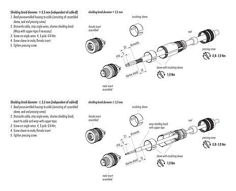 Instrucción de montaje 99 1432 814 04 - M12 Conector de cable hembra, Número de contactos: 4, 5,0-8,0 mm, blindable, tornillo extraíble, IP67, UL