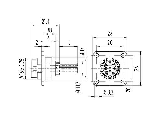 Bản vẽ tỷ lệ M16 Phích cắm gắn bảng, Số lượng cực : 4 (04-a), không có chống nhiễu, dây đơn, IP67, UL 2238, M18x0,75, Gắn phía trước