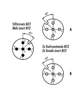 Contact arrangement (Plug-in side) M12 Twin distributors, Y-distributor, male connector - 2 female connector, Contacts: 5, unshielded, pluggable, IP68, UL 2238