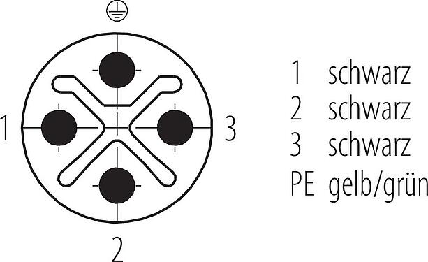 Polbild (Steckseite) M12 Flanschstecker, Polzahl: 4, ungeschirmt, Litzen, IP68, UL 2238, M16x1,5, Frontmontage, vergossen