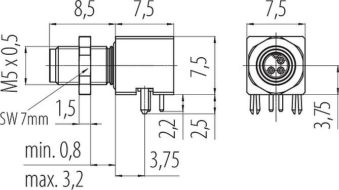 Dessin coté M5 Embase mâle, coudé, Contacts: 3, blindable, souder, IP68, UL 2238, Montage mural arrière, coulé