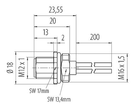 Dessin coté 76 0241 0136 00033-0200 - M12 Embase mâle, Contacts: 3, non blindé, fils, IP68, UL 2238, M16x1,5, Montage frontal