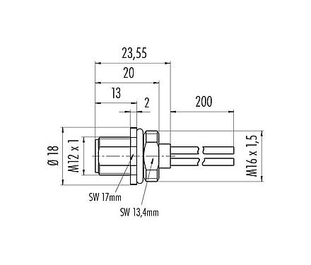 Schaaltekening 09 0691 700 04 - M12 Male panel mount connector, aantal polen: 3+PE, onafgeschermd, draden, IP68, UL, VDE, M16x1,5
