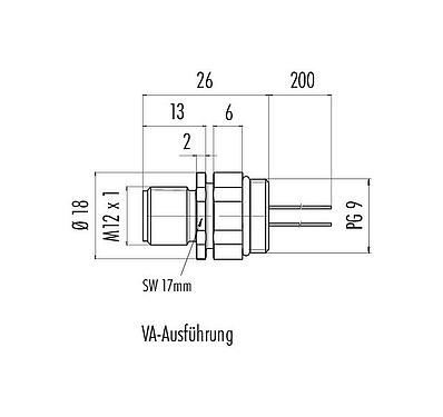Maßzeichnung M12 Flanschstecker, Polzahl: 8, ungeschirmt, Litzen, IP68, UL 2238, PG 9, Frontmontage, Edelstahl, positionierbar