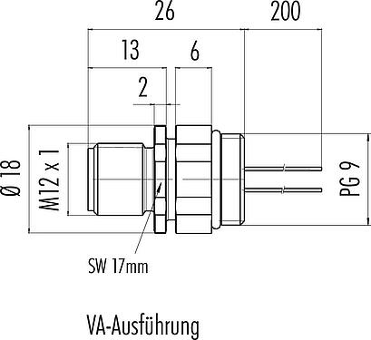 Maßzeichnung M12 Flanschstecker, Polzahl: 8, ungeschirmt, Litzen, IP68, UL 2238, PG 9, Frontmontage, Edelstahl, positionierbar, vergossen