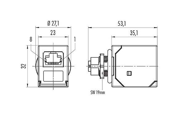 縮尺図 M12 パネルフィードスルー、ソケット - RJ45ストレート, 極数: 8, シールド, プラグイン可能, IP67, UL, 背面パネルマウント