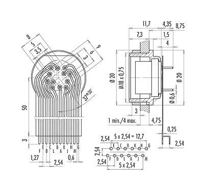 Connexion & dimensions 09 0332 66 12 - M16 Embase femelle, Contacts: 12 (12-a), non blindé, THT, IP40, Montage frontal