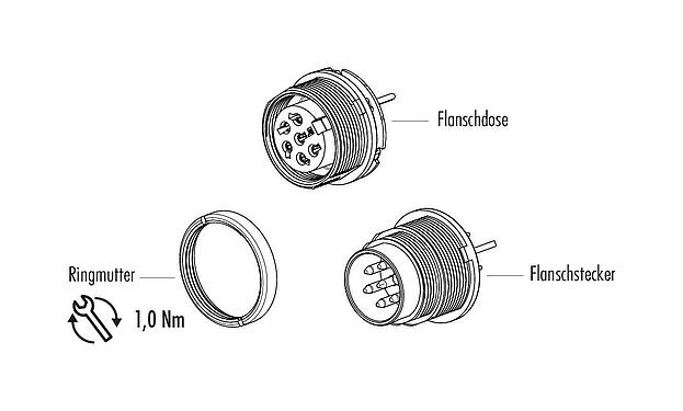 Einzelteildarstellung M16 Flanschdose, Polzahl: 3 (03-a), schirmbar, THT, IP40, M18x0,75, Rückwandmontage