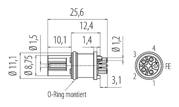 Maßzeichnung M12 Einbaudose, Polzahl: 5, ungeschirmt, THR, IP68, UL 2238, Frontmontage