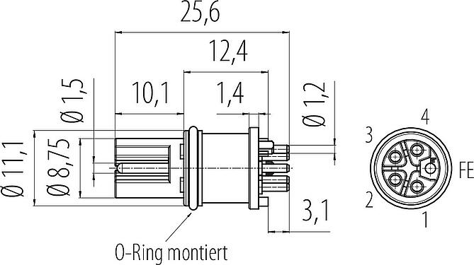 Maßzeichnung M12 Einbaudose, Polzahl: 5, ungeschirmt, THR, IP68, UL 2238, Frontmontage